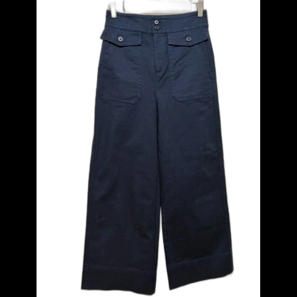 J Crew Officer Patch Pocket Wide Leg Pants in navy blue stretch twill size 2 t